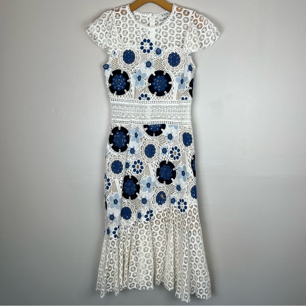 Sea New York Figgy Floral Crochet Asymmetric Dress Blue Size 8